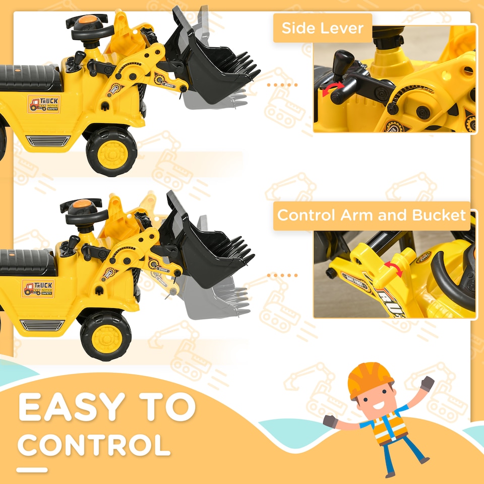 image 1 of HOMCOM NO POWER 3 in 1 Ride On Toy Bulldozer Toddler Digger Excavator Scooter Storage Cart Toilet Pretend Play Construction Truck