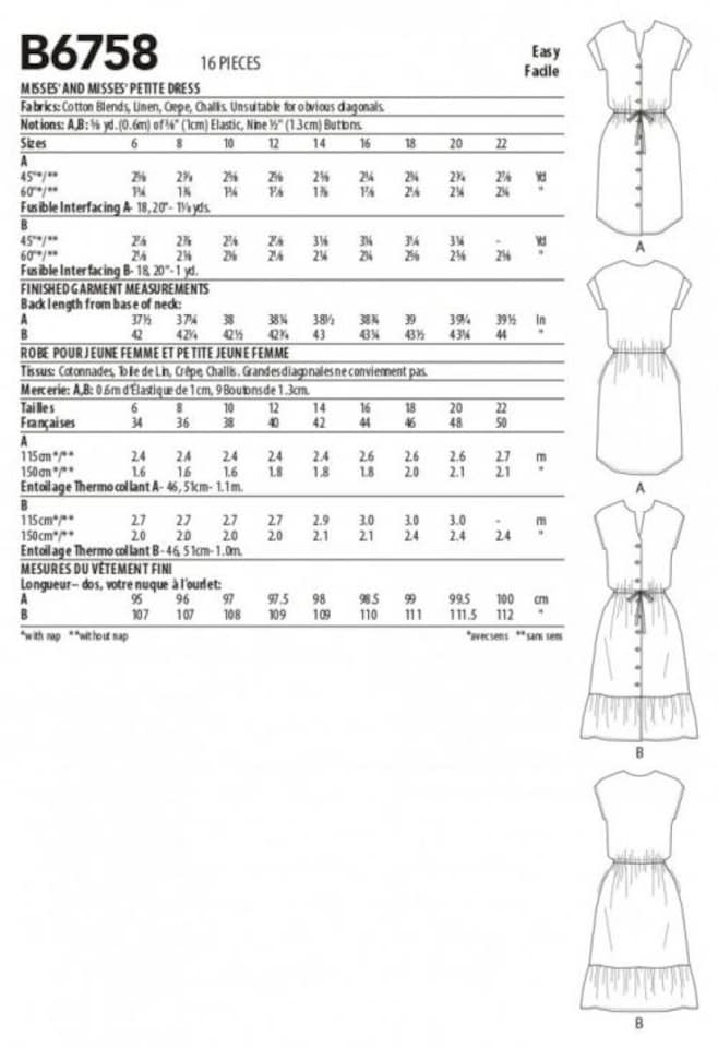 image 1 of Butterick 6758 Paper Sewing Pattern – Women’s Dress, Size E5 (14–16–18–20–22), Easy