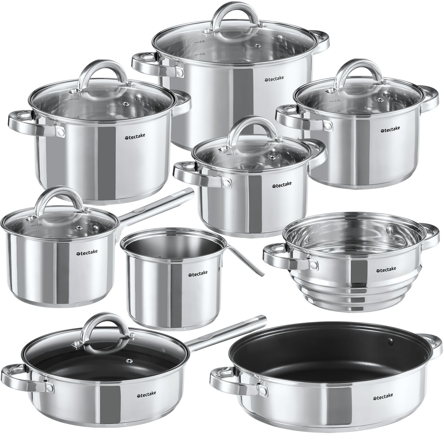 15 Piece Pan Set with 5 Saucepans, 2 Frying Pans, Steamer, Milk Pot and 6 Glass Lids