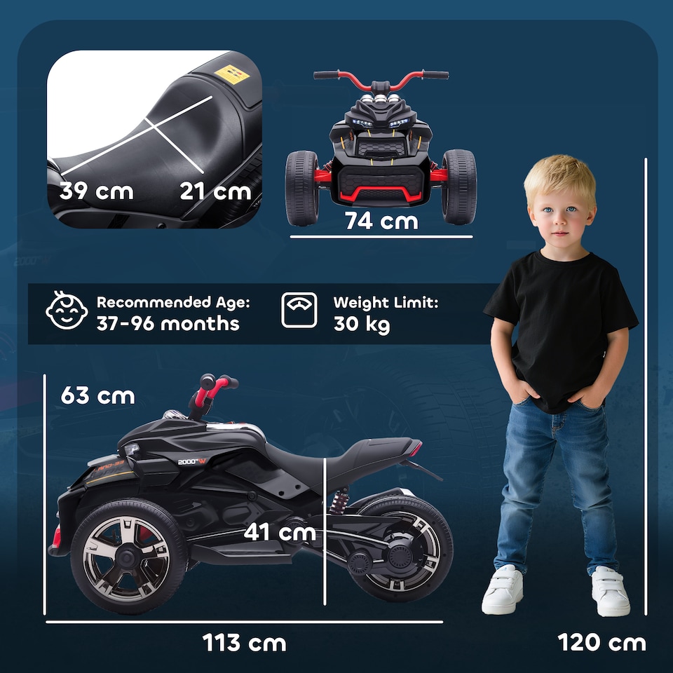 image 1 of AIYAPLAY Kids Electric Ride On Car, 12V Battery Powered Ride On ATV with MP3 Player, Horn, 2 Speeds, LED Lights, 3 Wheeler Electric Vehicle Toy Car for Boys & Girls Ages 3-8 | Black