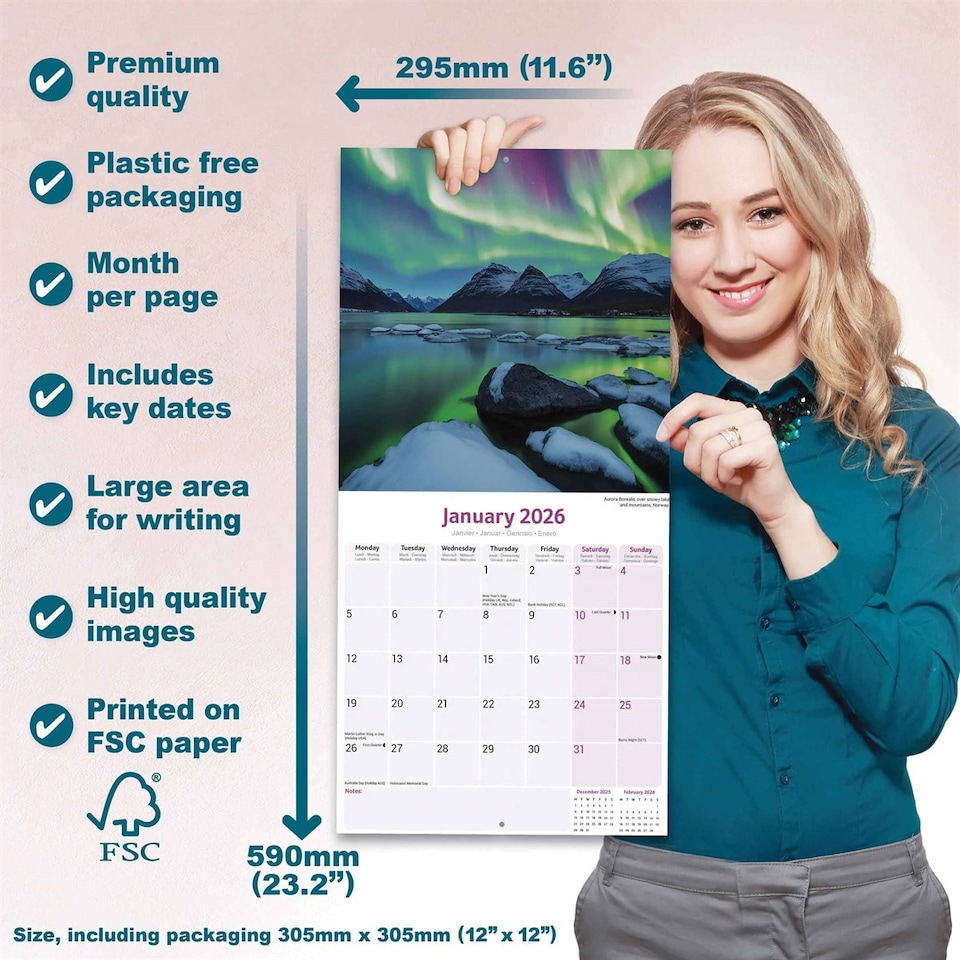 image 1 of Northern Lights 2026 Calendar | Square Wall Calendar | Travel Gift | Plastic Free Packaging | by Avonside Publishing
