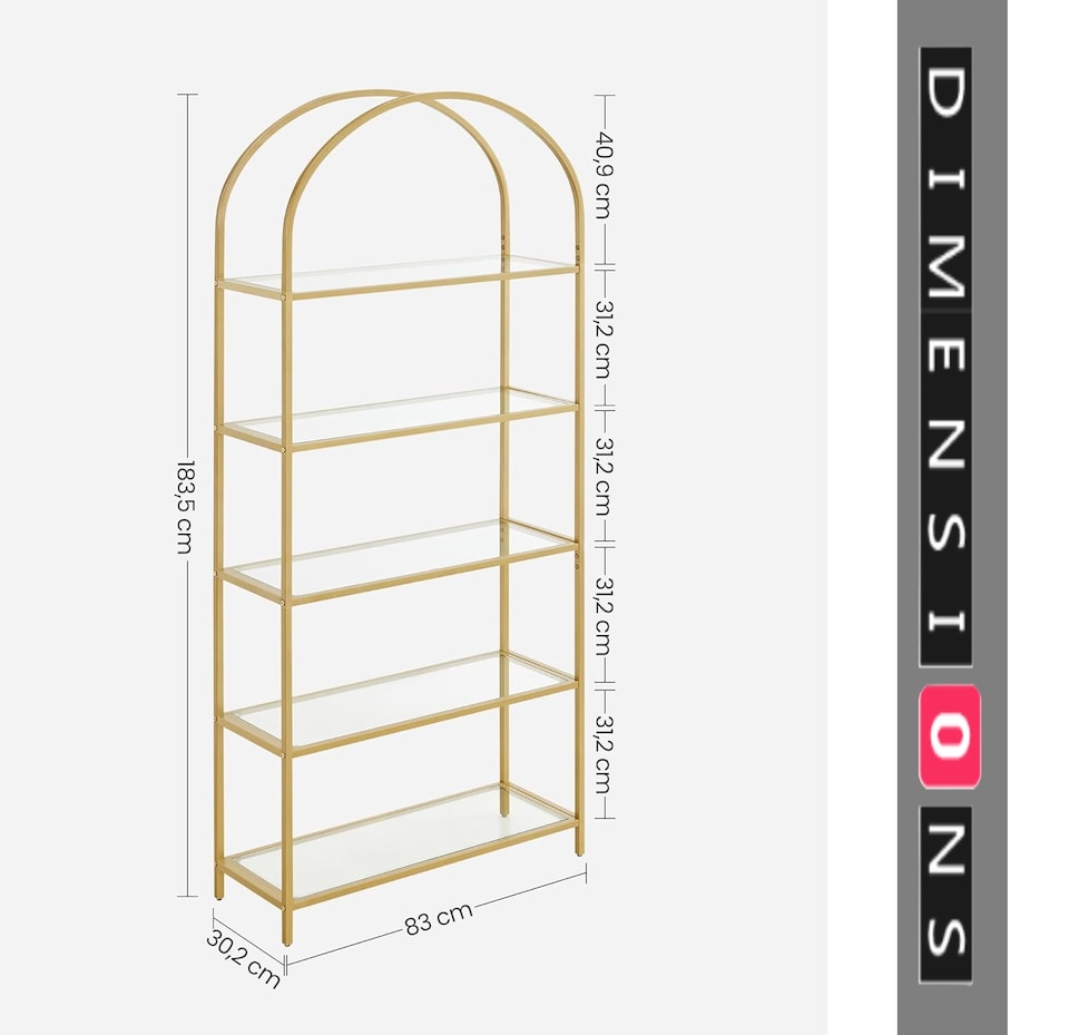 image 1 of 5 Tier Glass Shelf Arched Display Storage Unit with Steel Frame for Home Decor Use