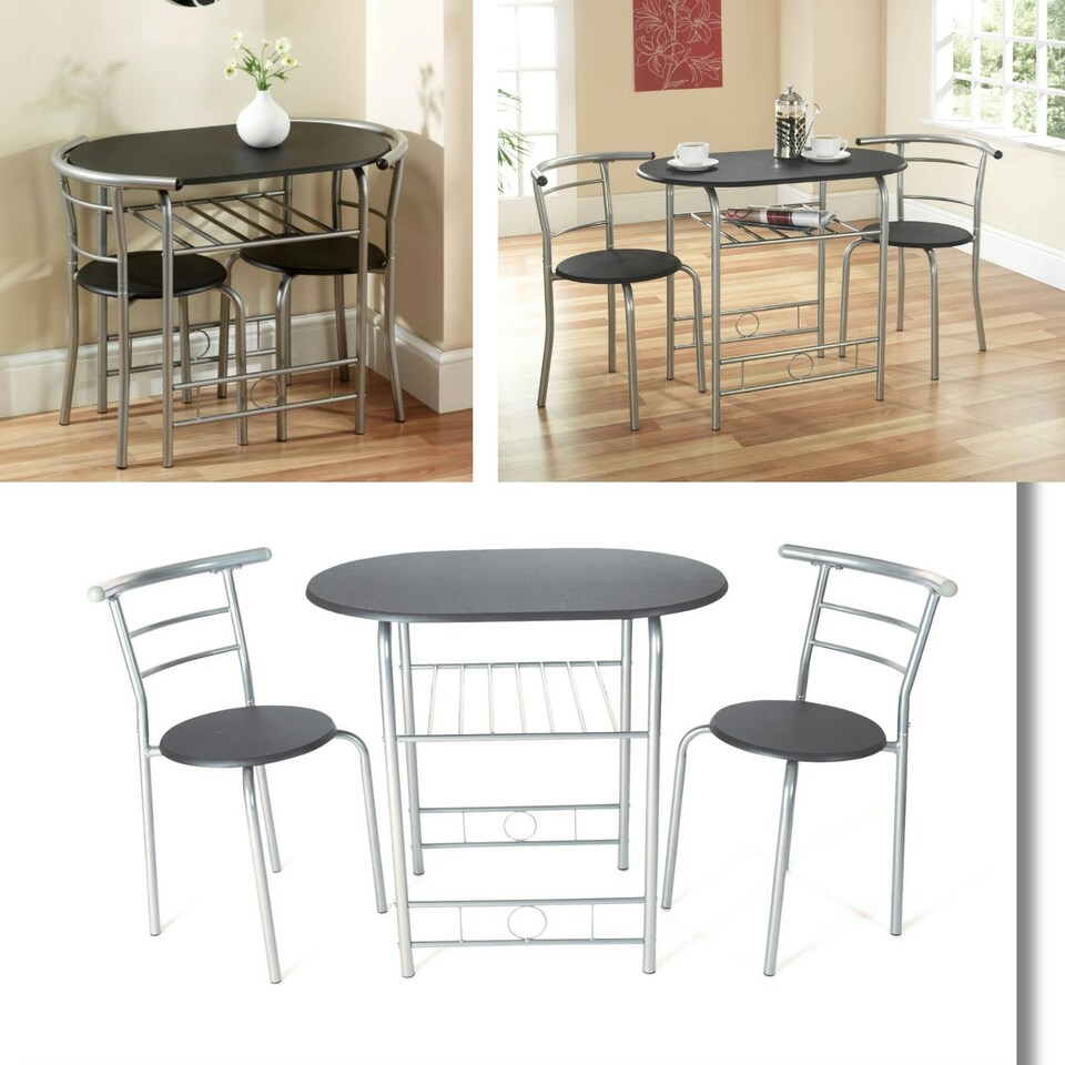 image 1 of Greenhurst 2-Seater Space-Saving Dining Set – Black Table & Silver Frame Chairs for Compact Areas Black | Silver