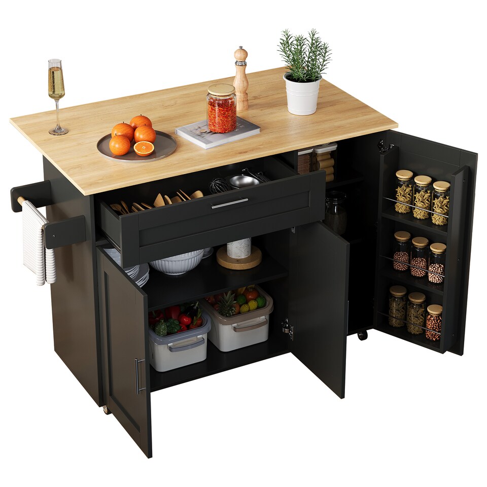 image 1 of VILUXE Mobile Kitchen Island with Foldable Worktop, Drawer, Adjustable Cabinets, 3 Door Spice Racks, Towel Rail and 5 Wheels, Black and Natural Wood