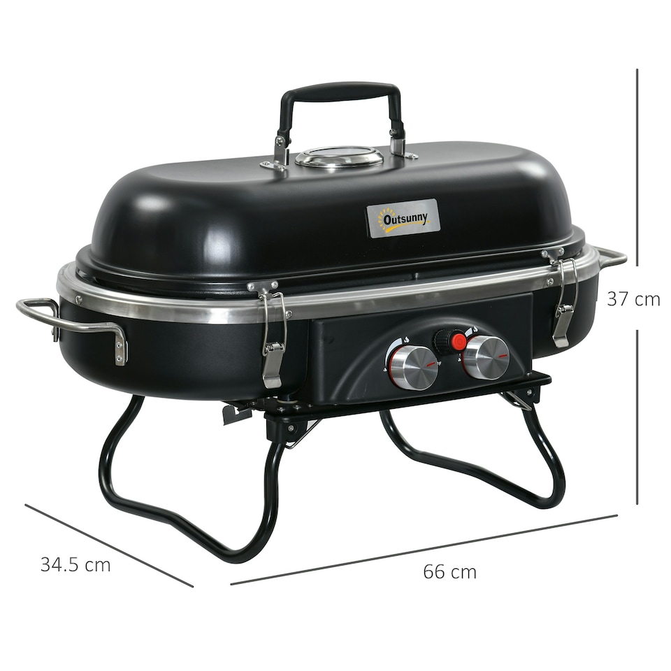 image 1 of Outsunny Foldable 2 Burner Gas BBQ Grill w/ 2 Burners for Camping Picnic Cooking