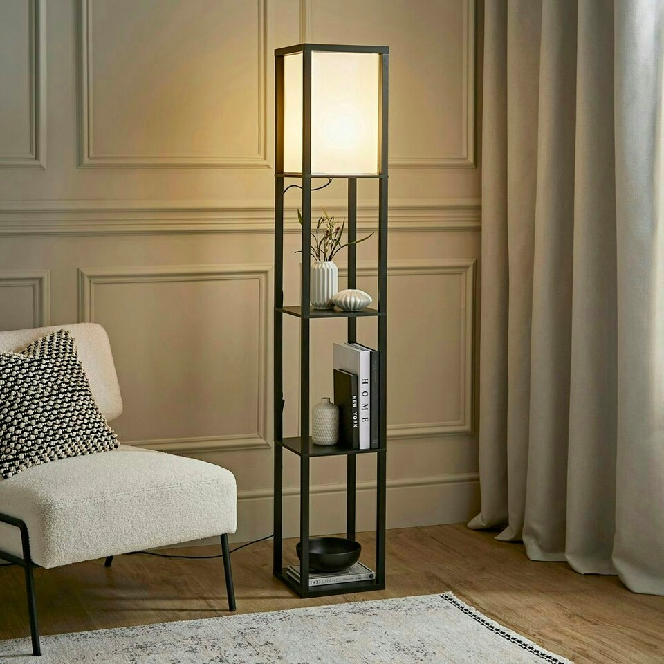image 1 of ValueLights Struttura Black Shelving Floor Lamp with Fabric Shade