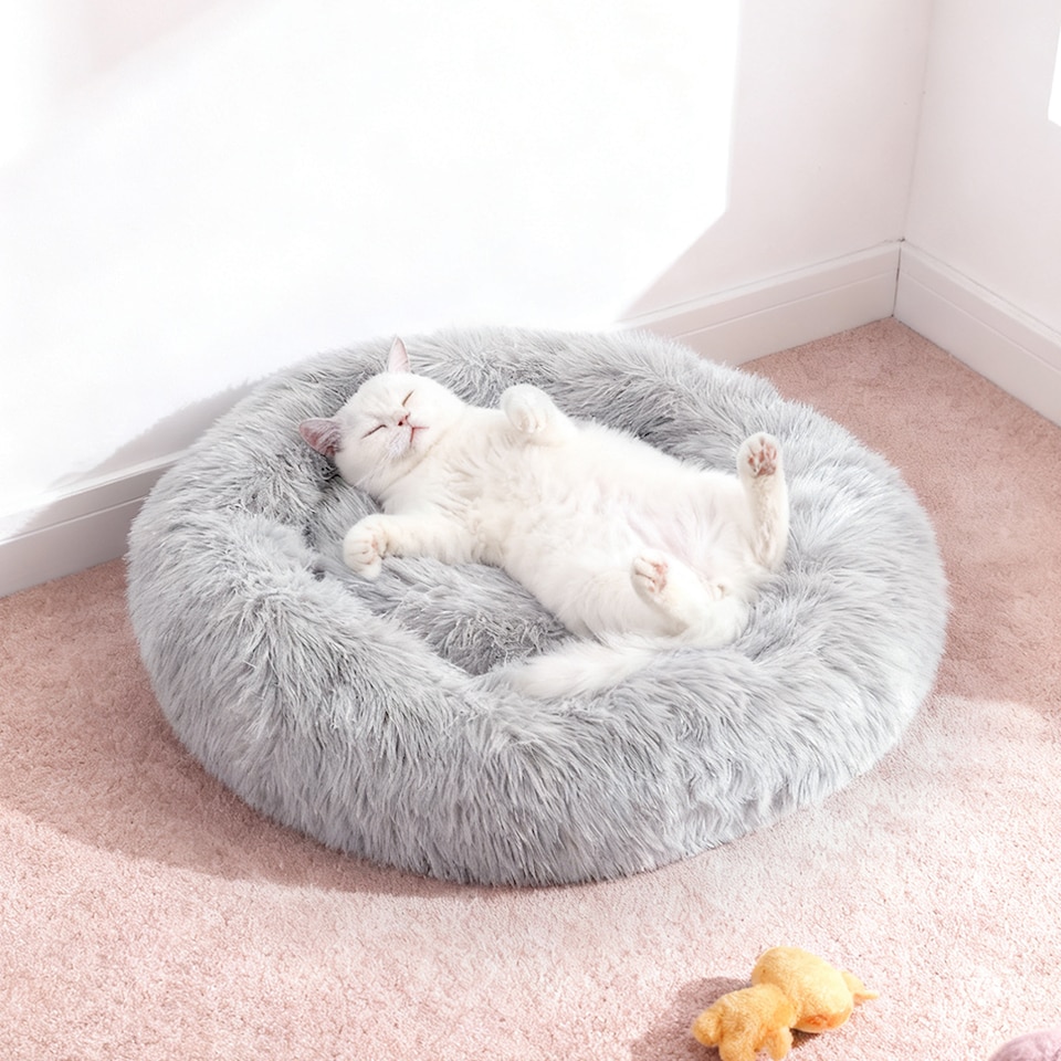 image 1 of Living and Home Calming Round Donut Plush Dog Cuddler Bed | Multi | Grey White | L