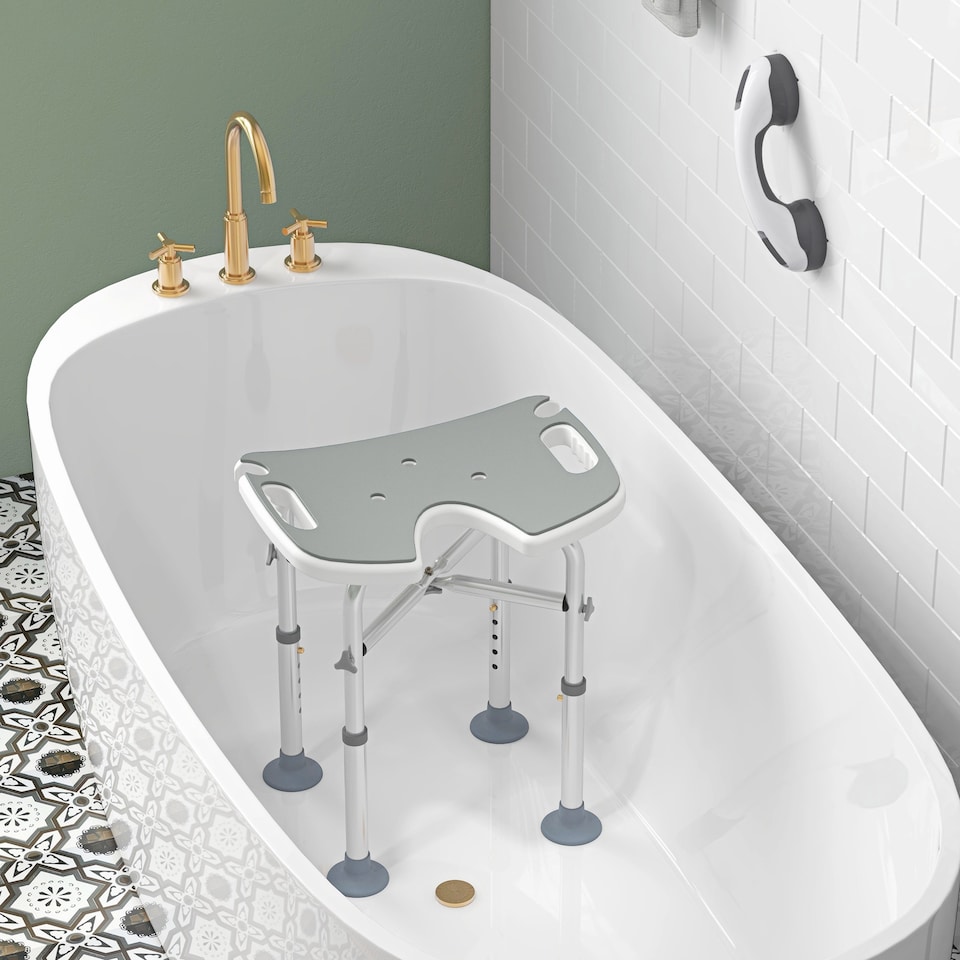 image 1 of HOMCOM Height Adjustable Shower Stool with Suction Grab Rail, Aluminium Shower Chair with U-Shaped Padded Seat, Non-Slip Bath Stool for Elderly, Disabled, Seniors, Pregnant, Grey