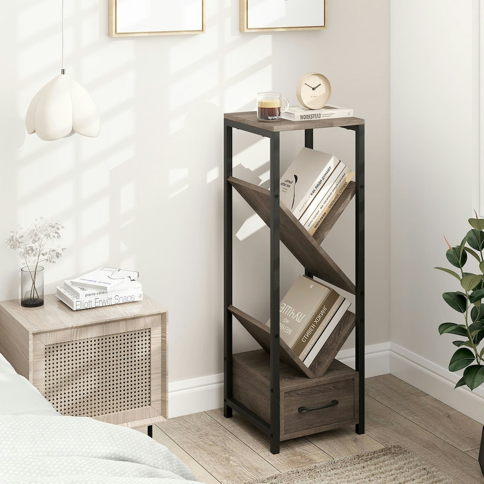 image 1 of COSTWAY 2 Pcs Tree Bookshelf 4 Tier Storage Bookcase with Drawer Grey