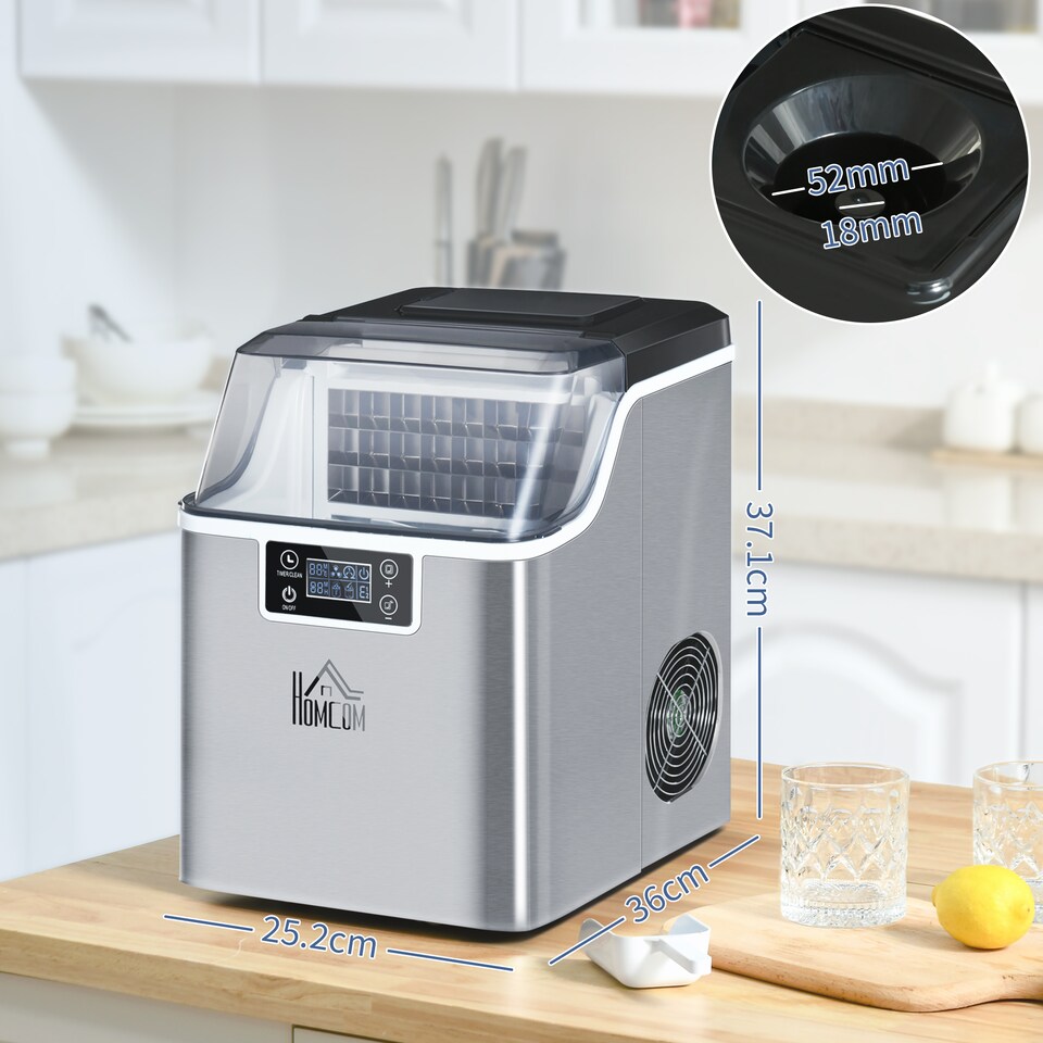 image 1 of HOMCOM 20kgDay Ice Maker Machine Countertop, Stainless Steel Portable Ice Cube Maker, 2 Ways to Add Water, 24 Pcs Ready in 14 Mins, Adjustable Ice Size, Self-Cleaning with Scoop & Basket, 3.2L,Silver