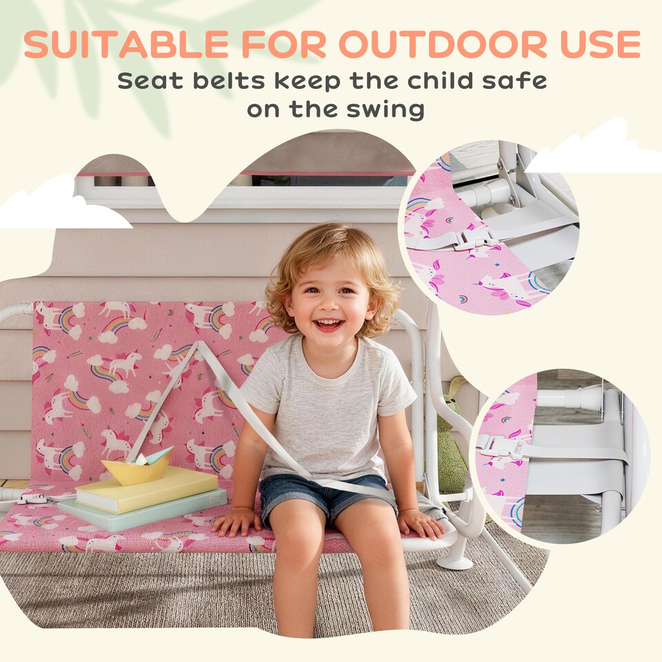 image 1 of AIYAPLAY Kids 2-Seater Porch Swing with Seat Belts, Adjustable Canopy Pink