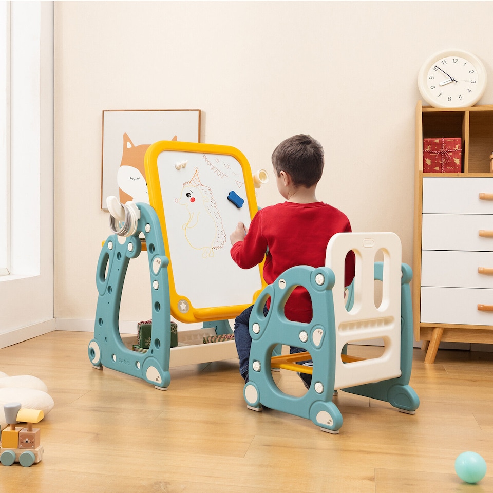 image 1 of COSTWAY 4-in-1 Kids Easel Drawing Table and Chair Set with Whiteboard