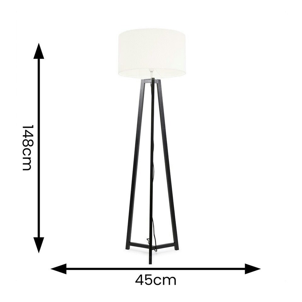 image 1 of ValueLights Lottie Black Wood Tripod Floor Lamp with Cream Boucle Drum Shade and LED Bulb