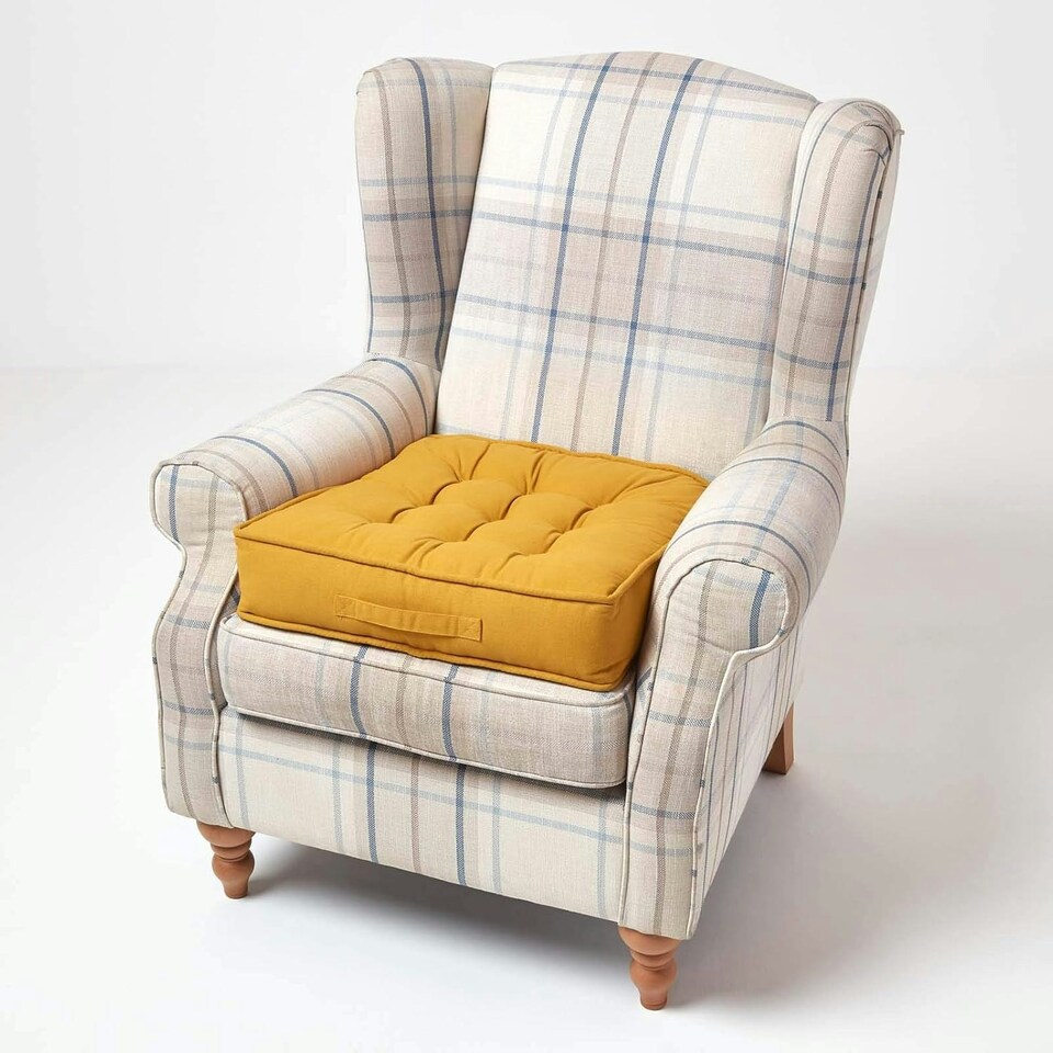 image 1 of Homescapes Mustard Cotton Armchair Booster Cushion Yellow