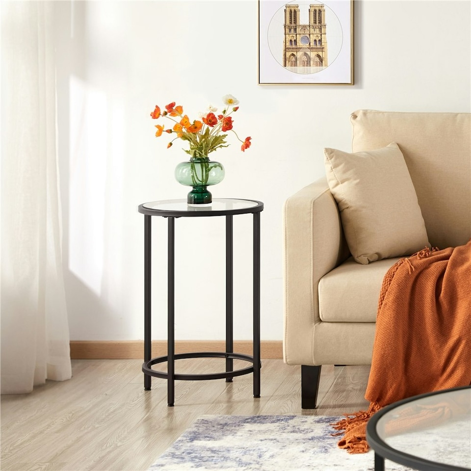 image 1 of Yaheetech Modern Round End Table with Tempered Glass Top Black