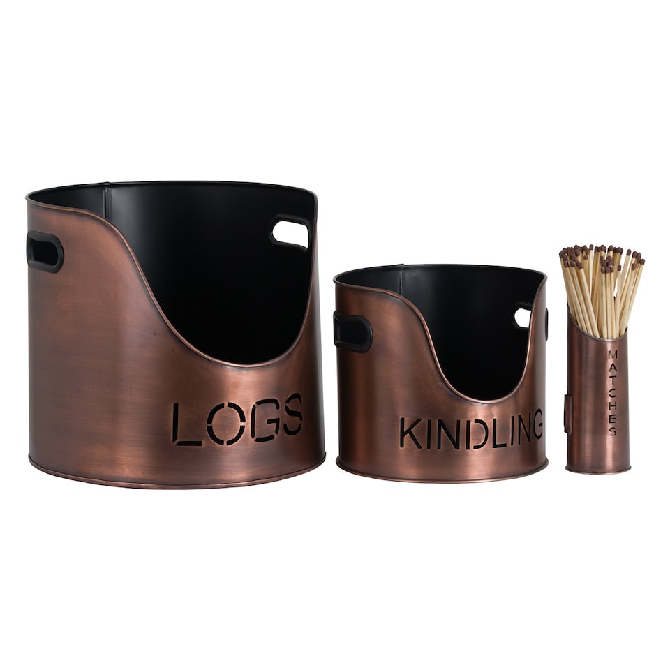image 1 of Hill Interiors Three Piece Fire Wood Bucket Set | Copper | Copper | 1