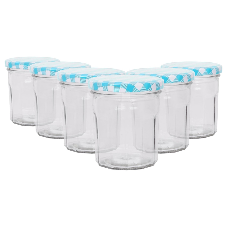 image 1 of Argon Tableware Glass Jam Jars with Blue Gingham Lids - 250ml - Pack of 6