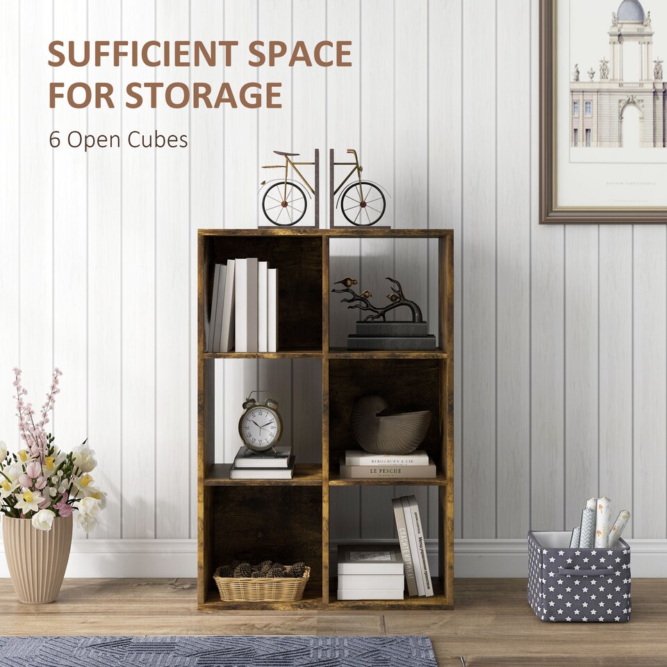 image 1 of HOMCOM 6-Cube Bookshelf, Display Shelving Unit for Home Office, Rustic Brown