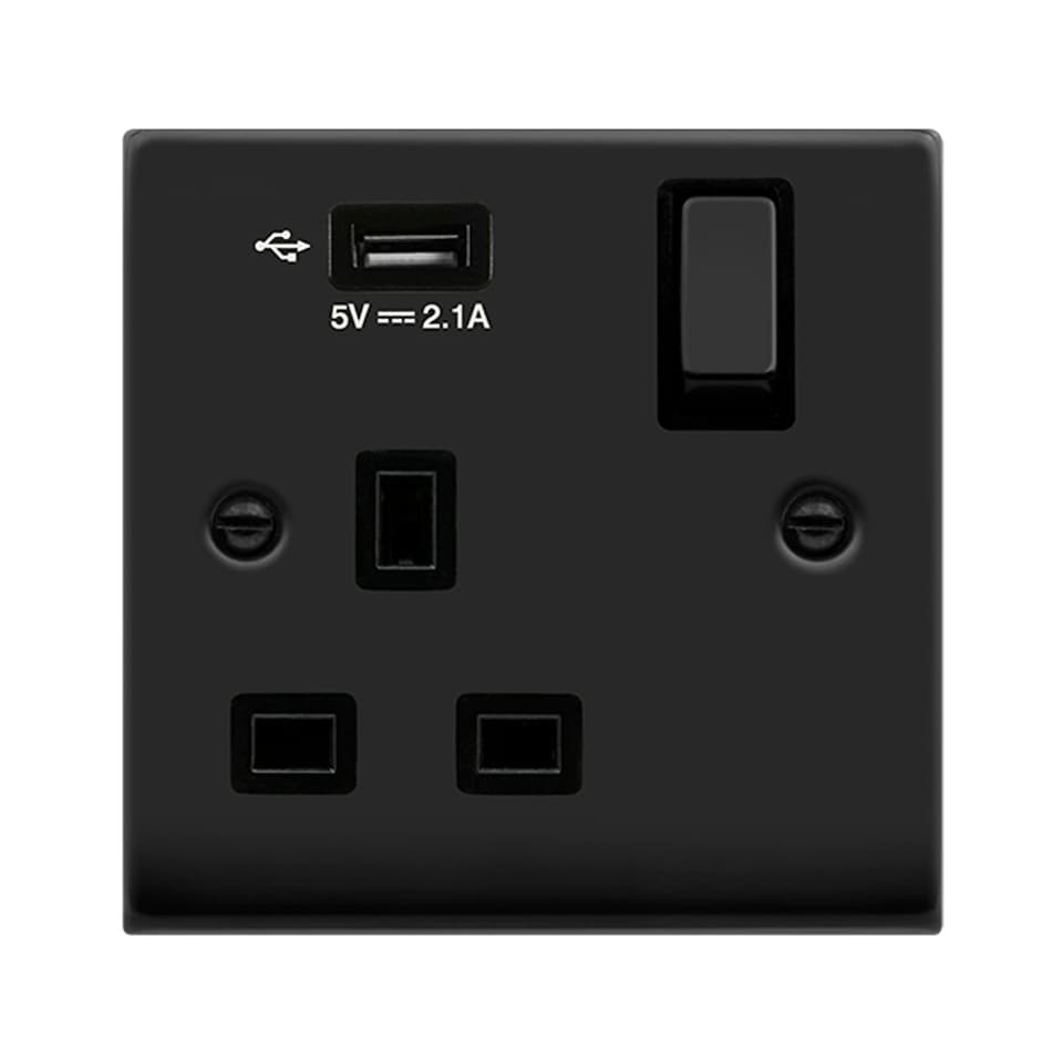 image 1 of SE HOME Matt Black 1 Gang 13A DP Ingot 1 USB Switched Plug Socket Black | Matt