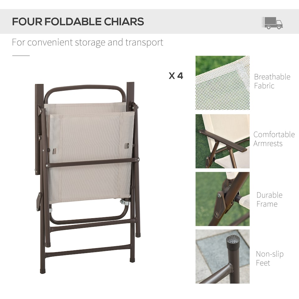 image 1 of Outsunny 6 Piece Garden Dining Set with Umbrella, Patio Sets with Parasol with 4 Folding Dining Chairs & Round Tempered Glass Table, Beige