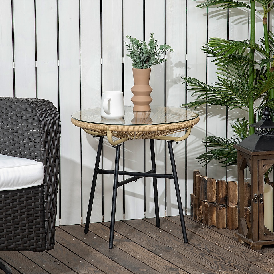 image 1 of Outsunny Rattan Side Table w/ Tempered Glass Tabletop, Beige