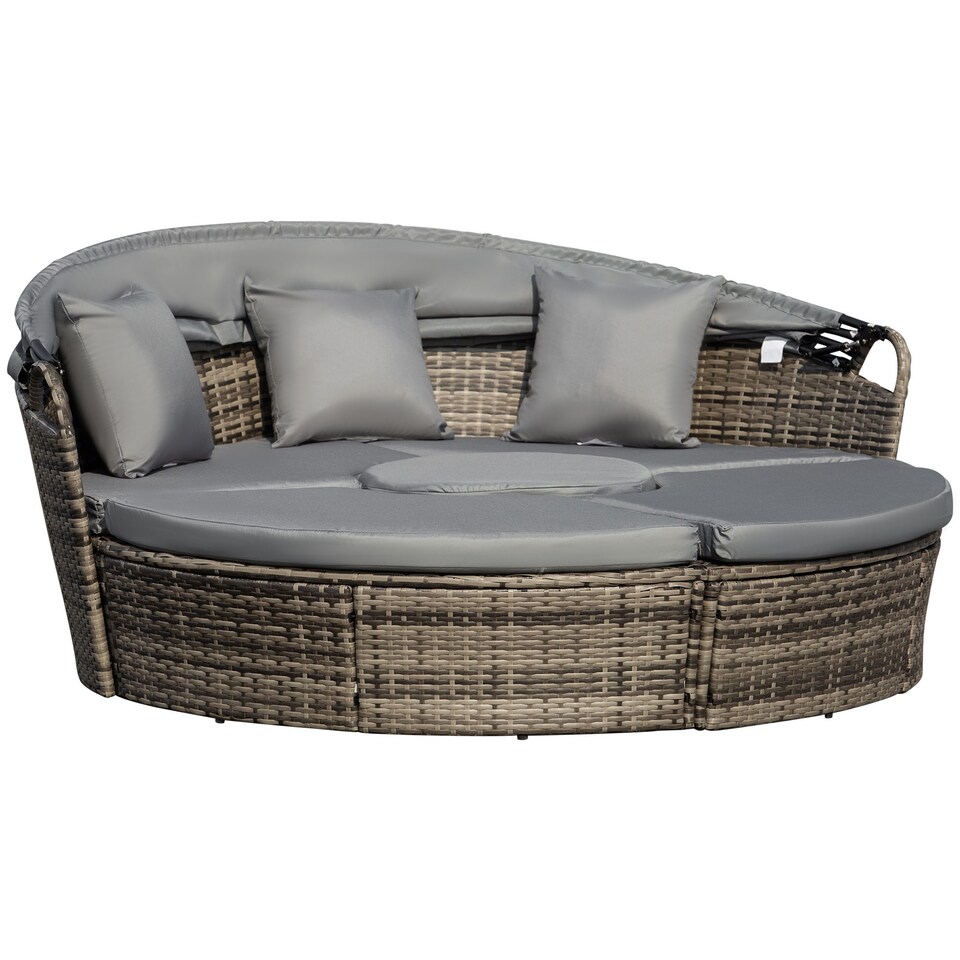 image 1 of Outsunny Outdoor PE Rattan Garden Furniture with Cushioned, Patio Wicker Conversation Furniture Set, Round Daybed with Retractable Canopy, Coffee Table and Three Pillows, Grey