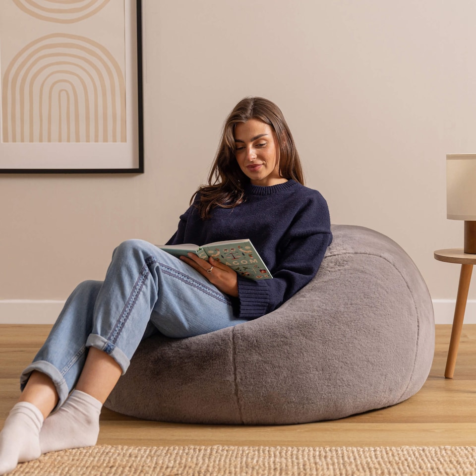 image 1 of Icon Cuddle Cushion and Kingston Rabbit Faux Fur Classic Bean Bag, Light Grey