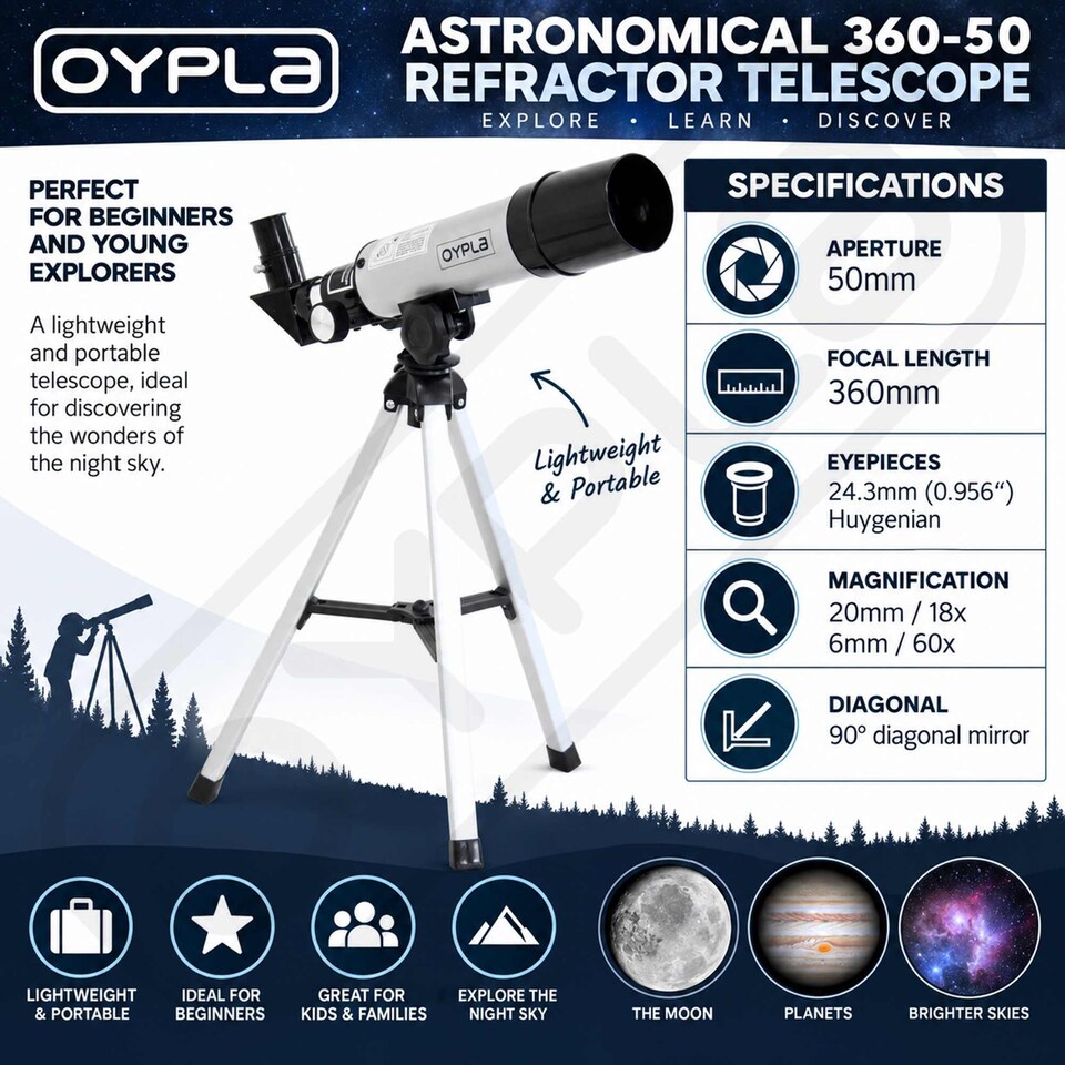 image 1 of Astronomical 360-50 Portable Refractor Telescope with Lightweight Tripod