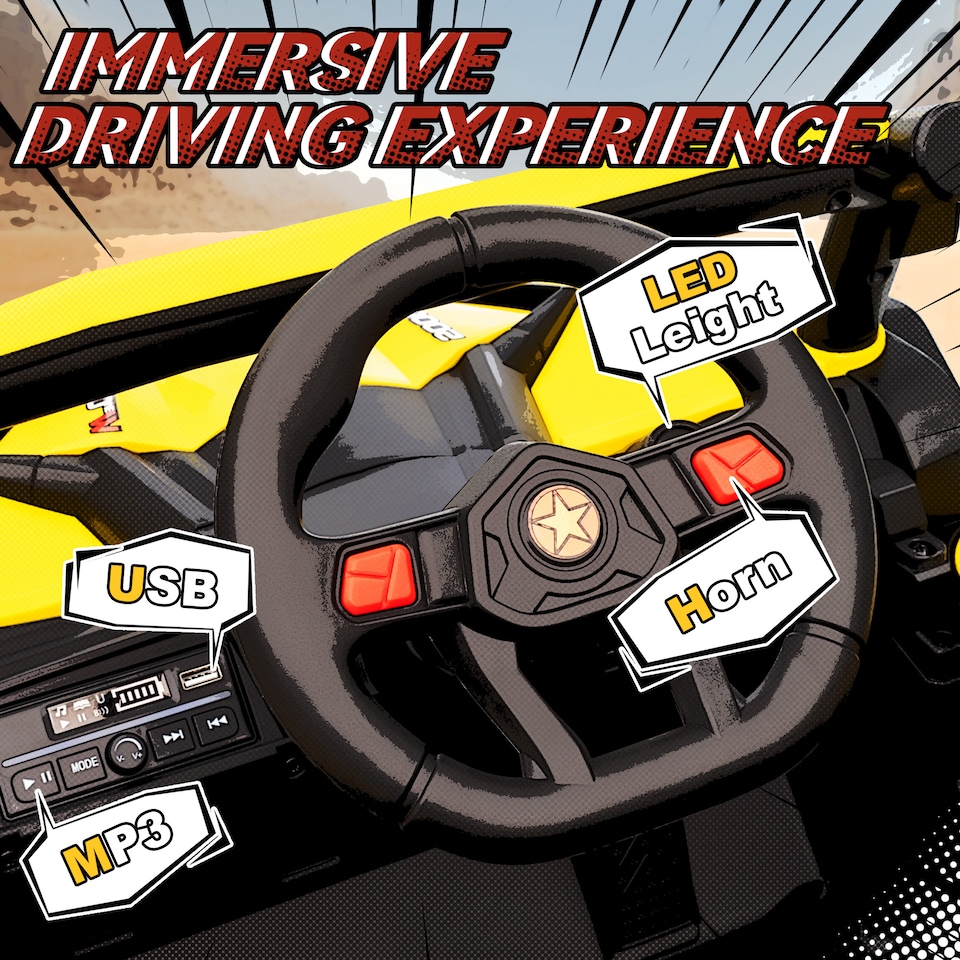 image 1 of AIYAPLAY 12V Kids Ride On Car, Electric Car for Kids UTV with Remote Control, Slow Start, Suspension System, LED Lights, Music, USB Port, for Boys Girls 3-5 Years | Yellow