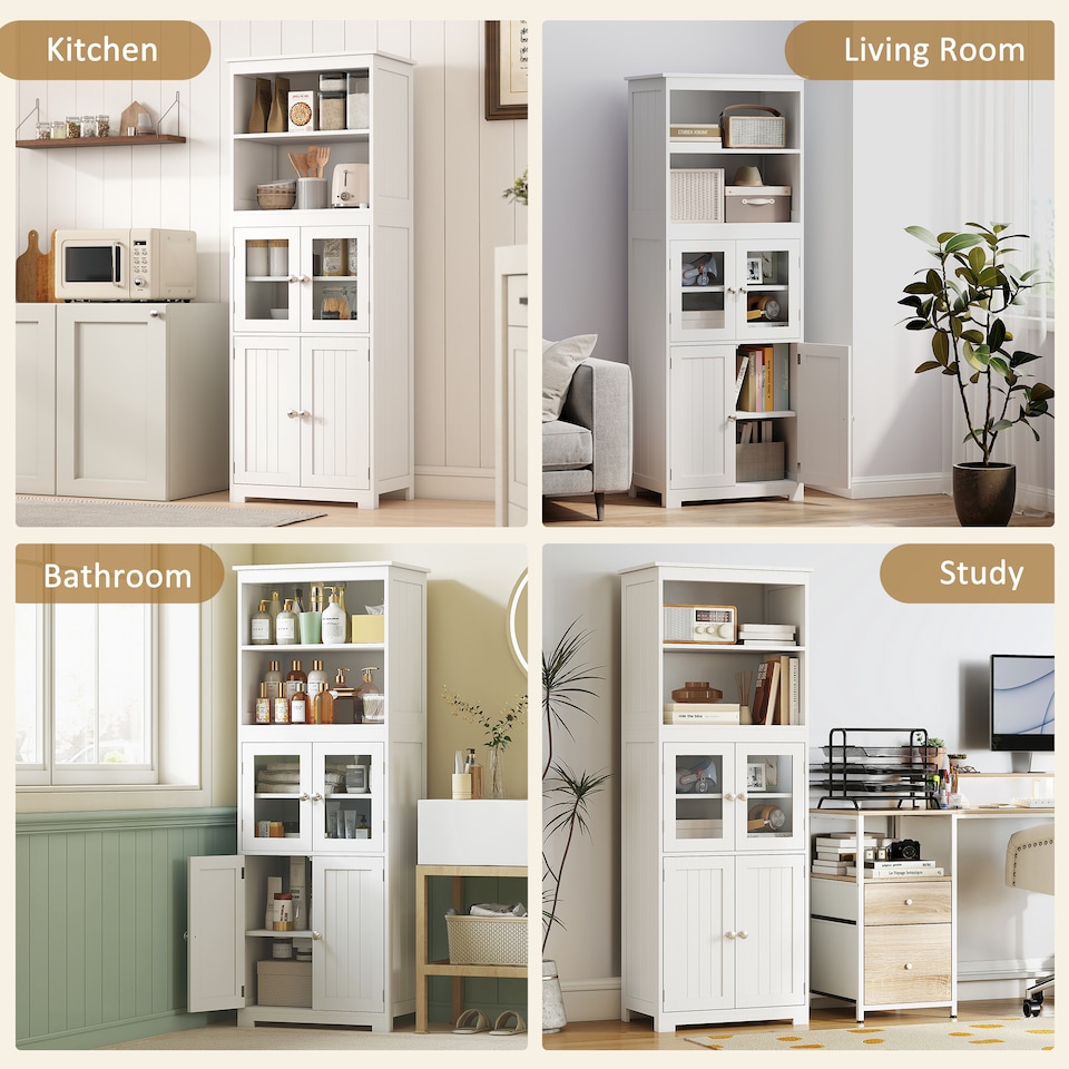 image 1 of HOMCOM Freestanding Kitchen Cupboard, 4-Door Storage Cabinet with Adjustable Shelf and Glass Doors for Dining Room, Living Room, White