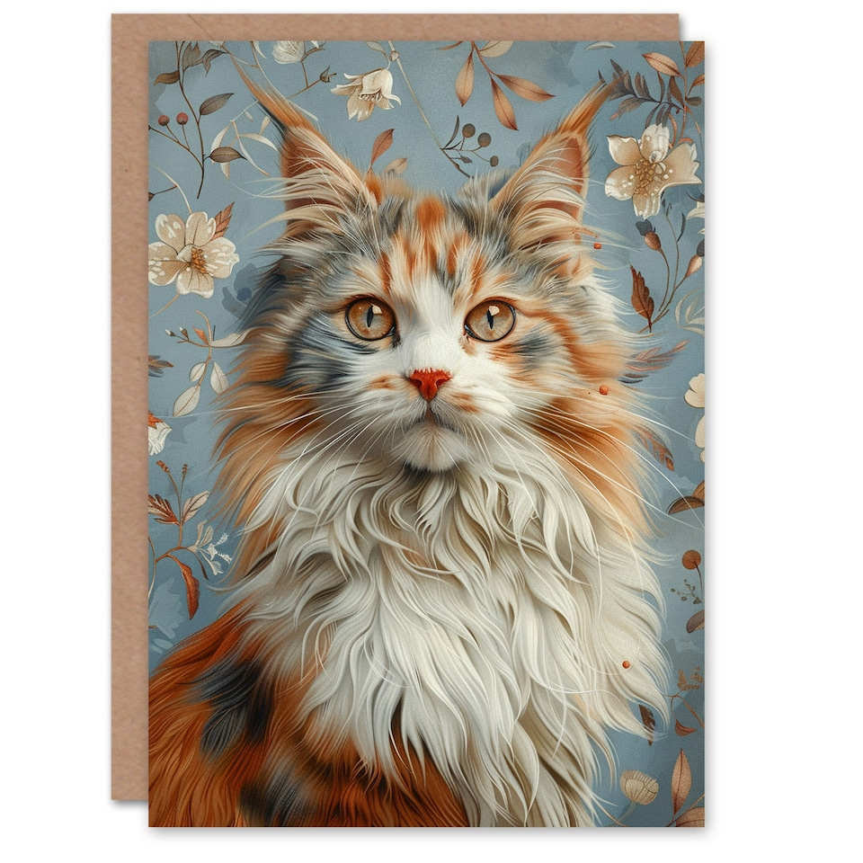 image 1 of Fluffy Maine Coon cat Lover Retro Floral Pattern Her Birthday Card