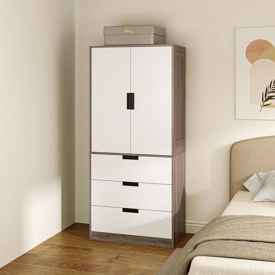 image 1 of HOMCOM 2 Door Wardrobe Brown Wardrobe with 3 Drawer and Hanging Rod Brown