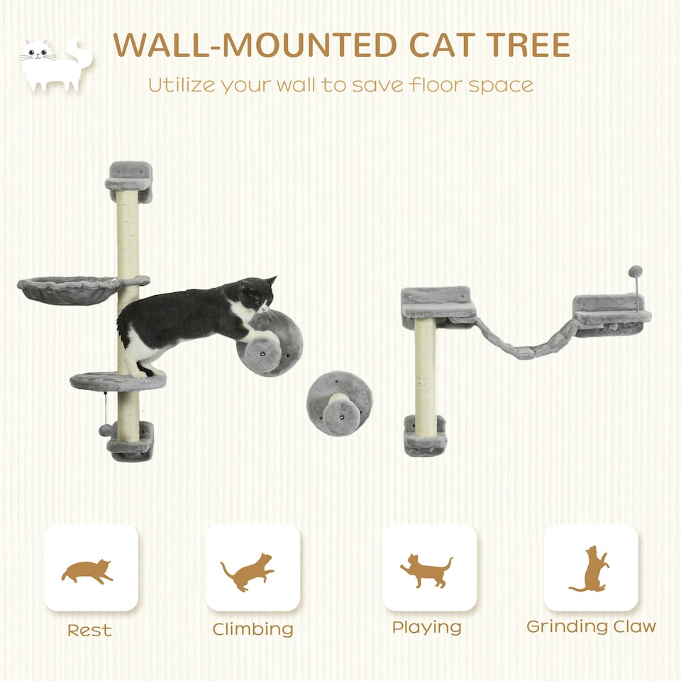 image 1 of PawHut 4Pcs Wall Mounted Cat Shelves with Hammock, Scratching Post, Grey
