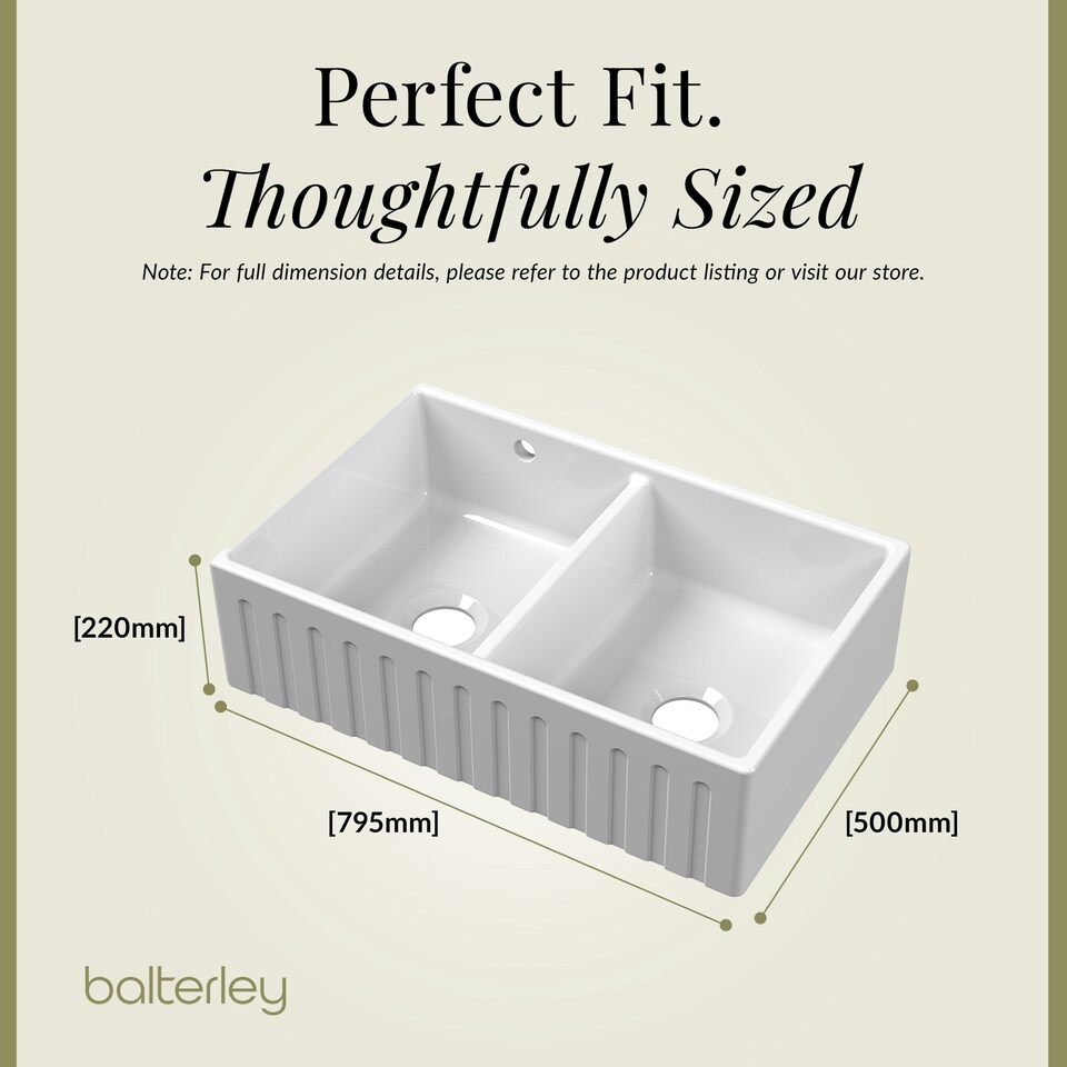 image 1 of 795mm - Fireclay Kitchen Double Bowl Fluted Front Butler Sink - Stepped Weir