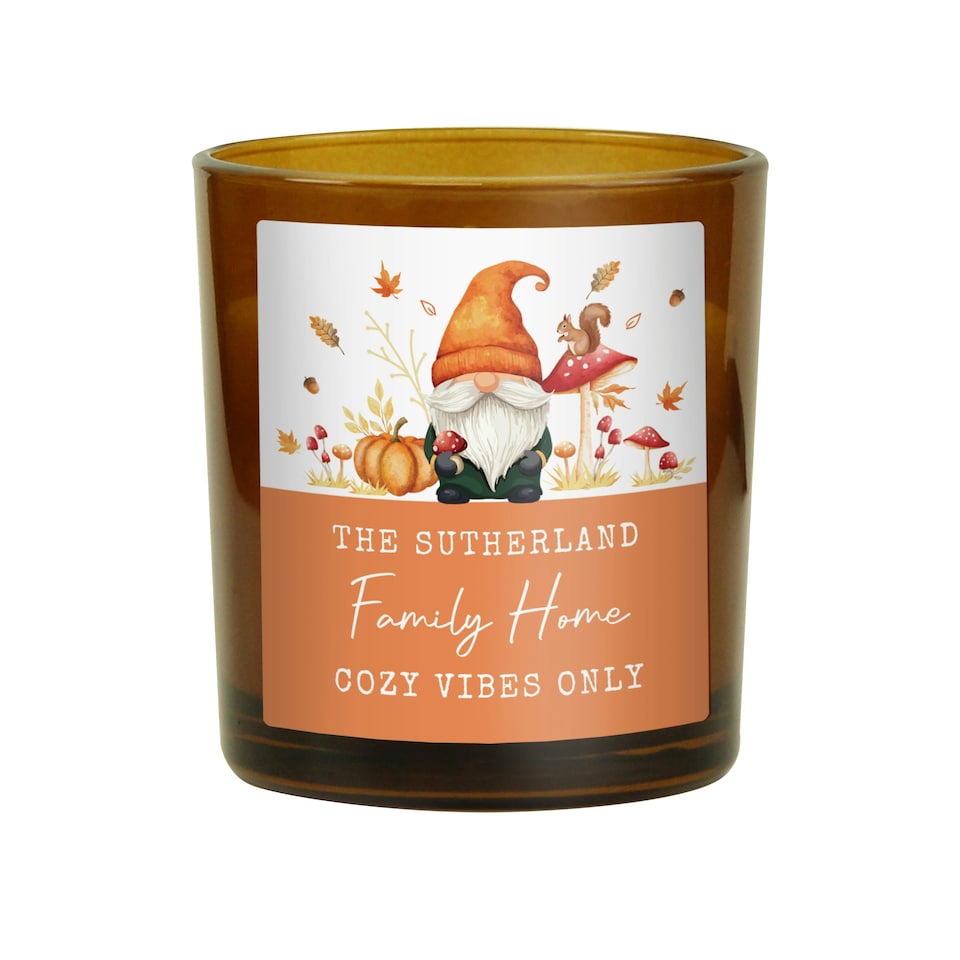 image 1 of Personalised Autumn Gonk Amber Glass Candle Brown
