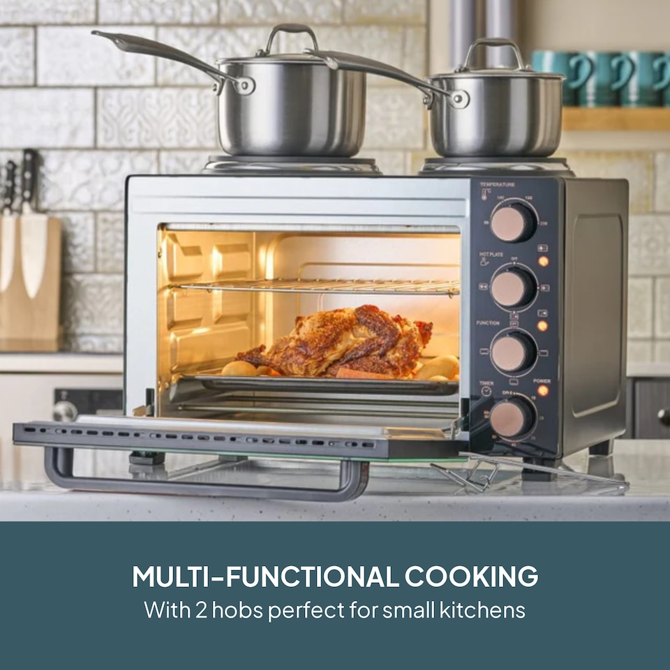 image 1 of Cooks Professional 28L Mini Oven with 2 Hobs - Electric Multifunction Countertop Cooker | Black | Black & Copper