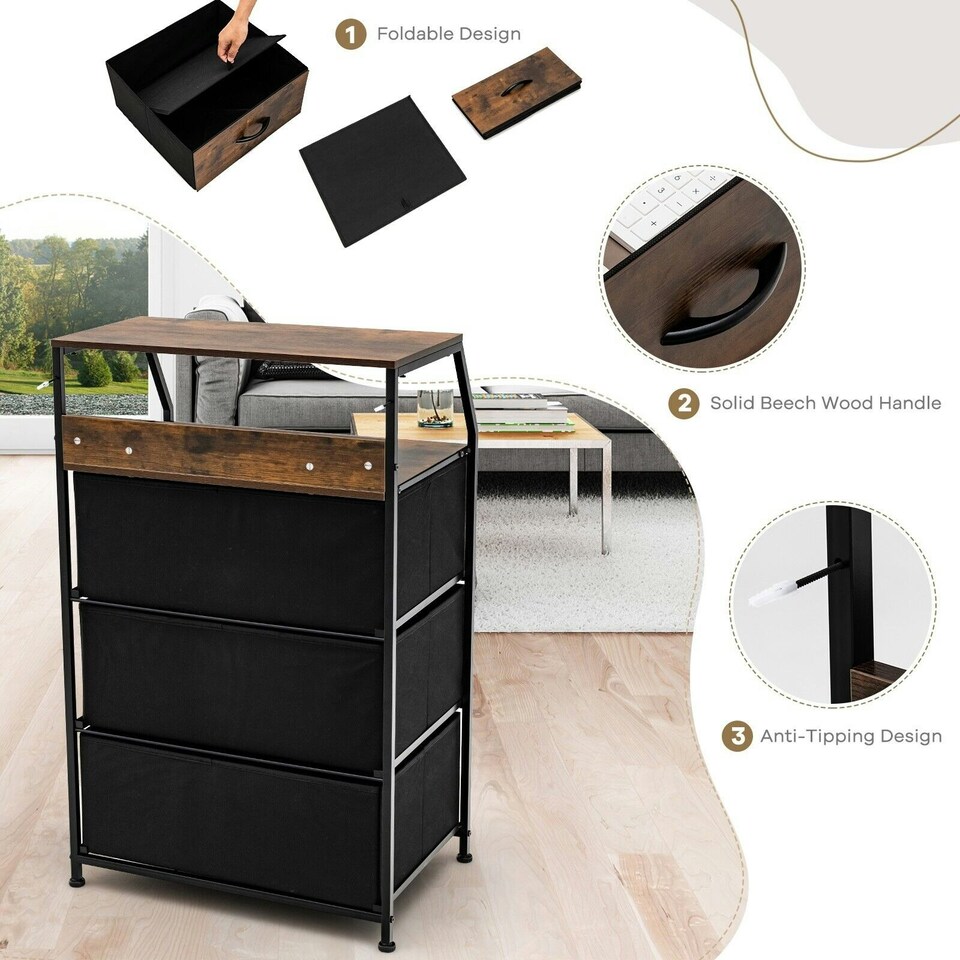 image 1 of COSTWAY 3-Drawer Storage Dresser Organizer W/ Fabric Drawers Brown