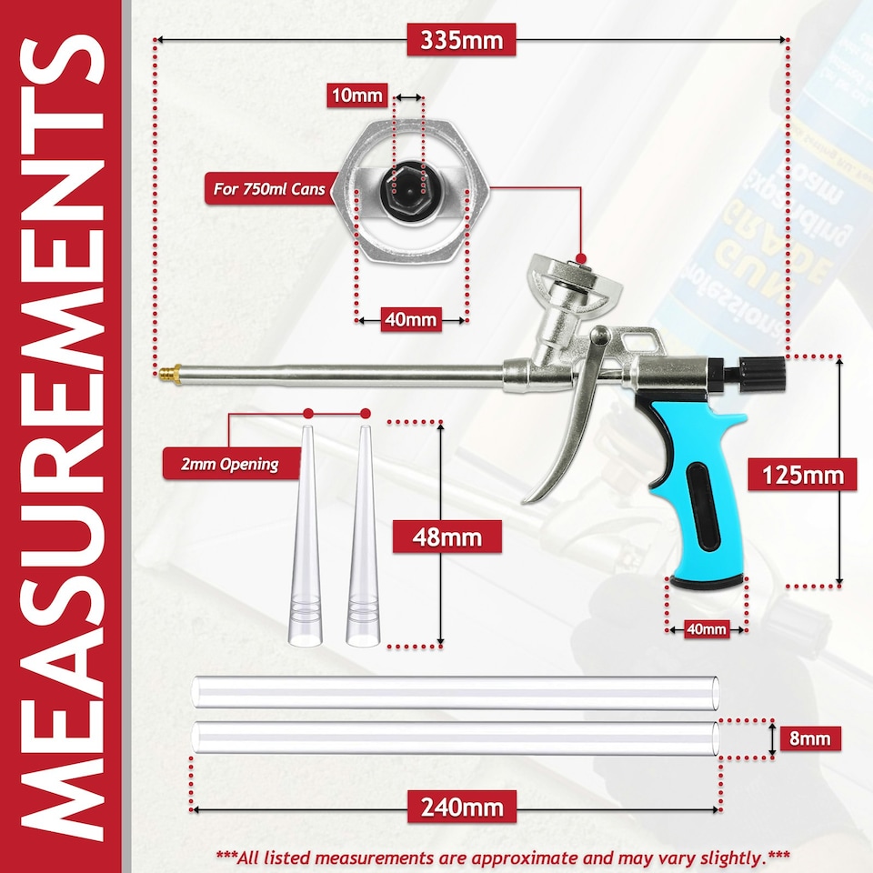 image 1 of SPARES2GO Expanding Foam Applicator Gun Caulking Sealing Filling Spray Tool Kit (for 750ml Threaded Connector Cans)