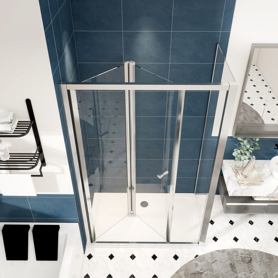 image 1 of 900x700mm Bifold Shower Door Enclosure with Stone Resin Shower Tray Toughened Safety Glass Screen