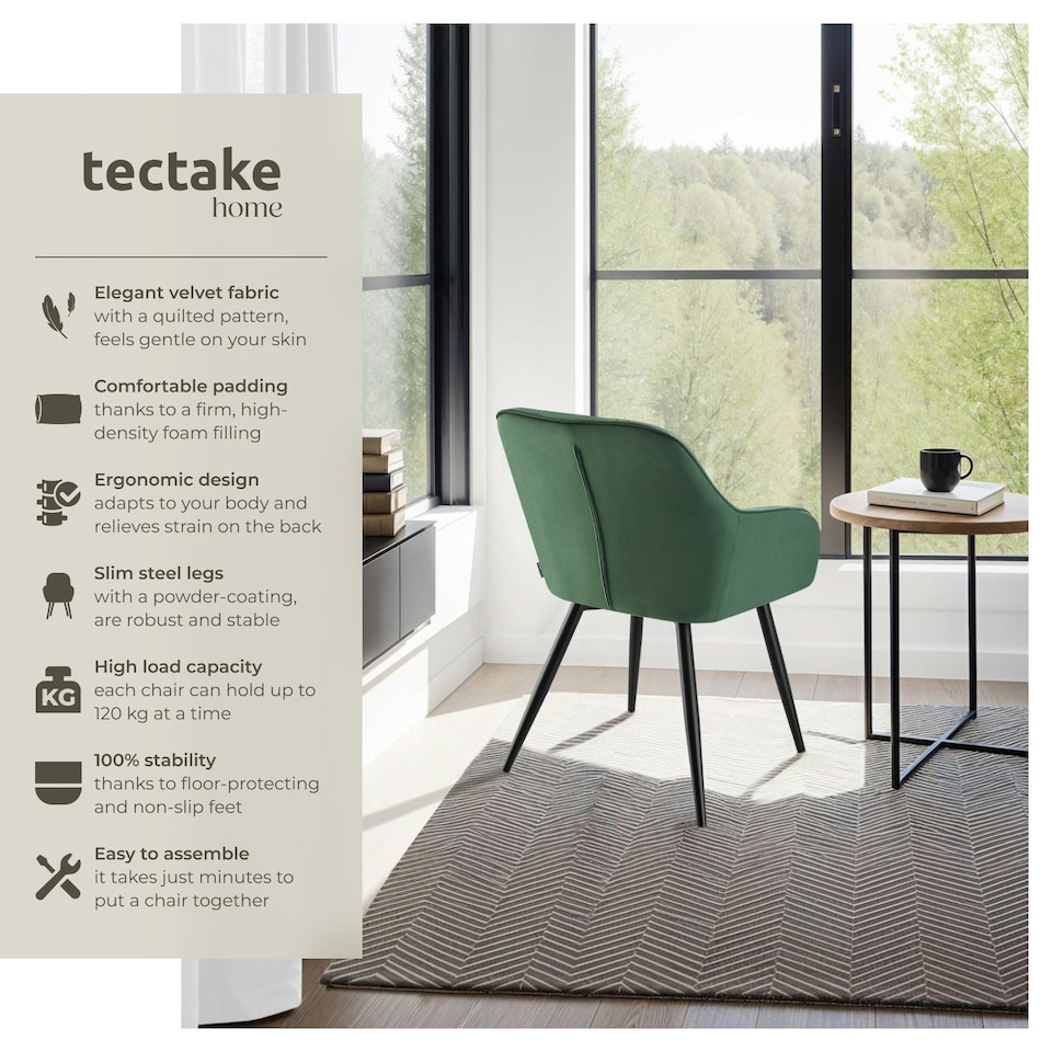image 1 of Dining Chair Marilyn - velvet look, quilted pattern - per piece Green | Dark Green/Black