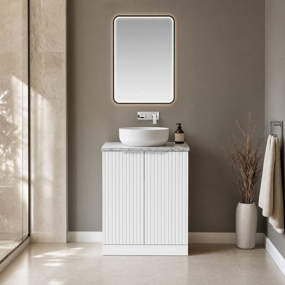 image 1 of Balterley Callingwood Contemporary Floor Standing 2 Door Vanity Unit with Carrera Marble Laminate Worktop , 600mm, Matt White