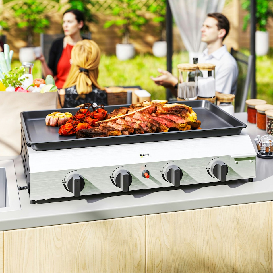 image 1 of Outsunny Gas Grill, Gas BBQ with Non-Stick Griddle for Camping, Silver Tone