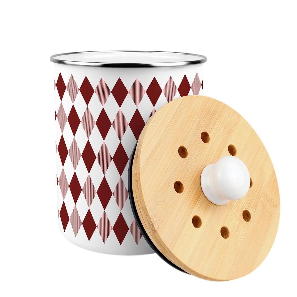 image 1 of Red Argyle Food Waste Caddy - Metal 2L Decorative Kitchen Compost Bin