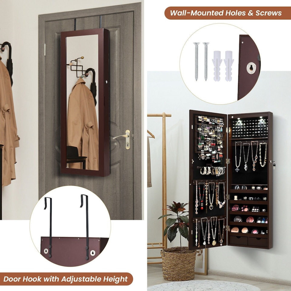image 1 of COSTWAY 2 IN 1 Mirror Jewelry Cabinet Wall Mounted/Door Hanging Jewelry Armoire