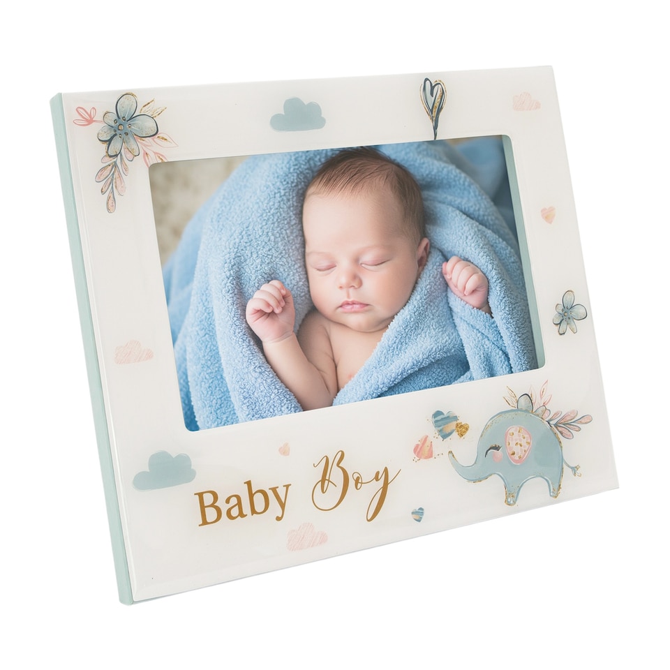 image 1 of Baby Boy Baby Picture Frame with Duck Egg Blue Elephant and Hearts