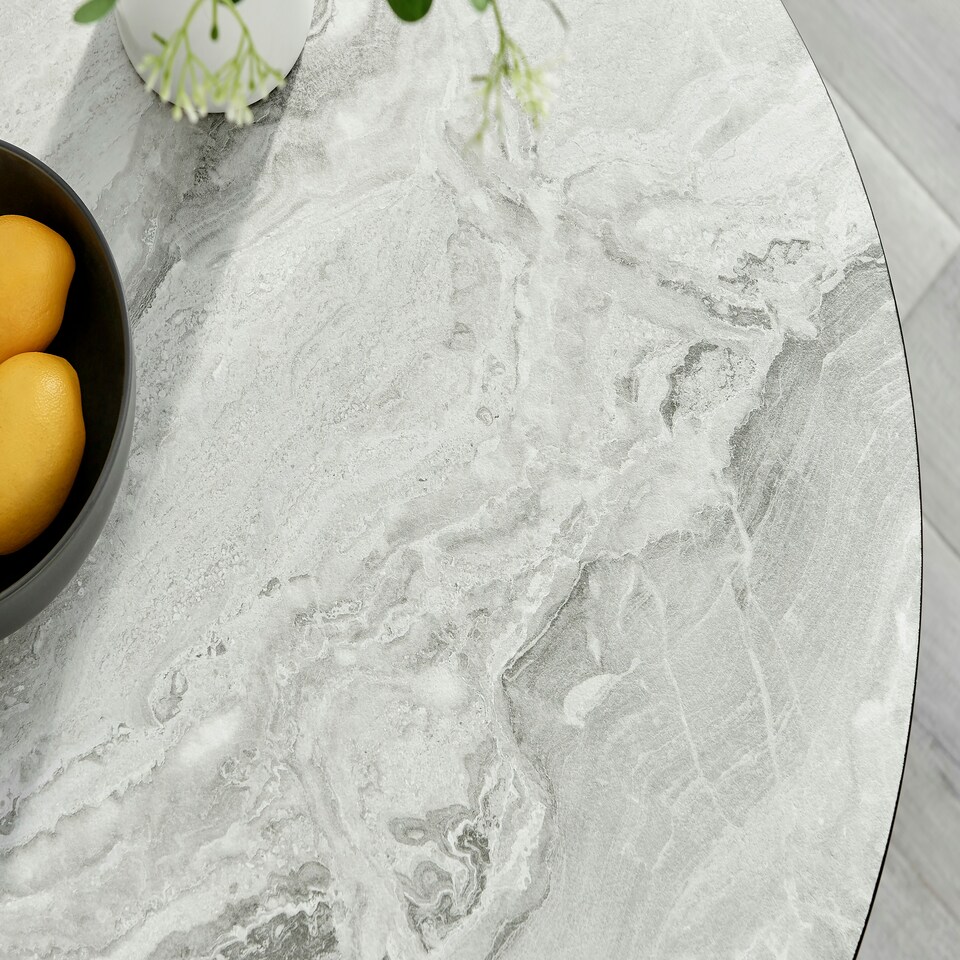 image 1 of Furniturebox Elina White Marble Effect Round Dining Table & 2 Blue Pesaro Black Leg Chairs