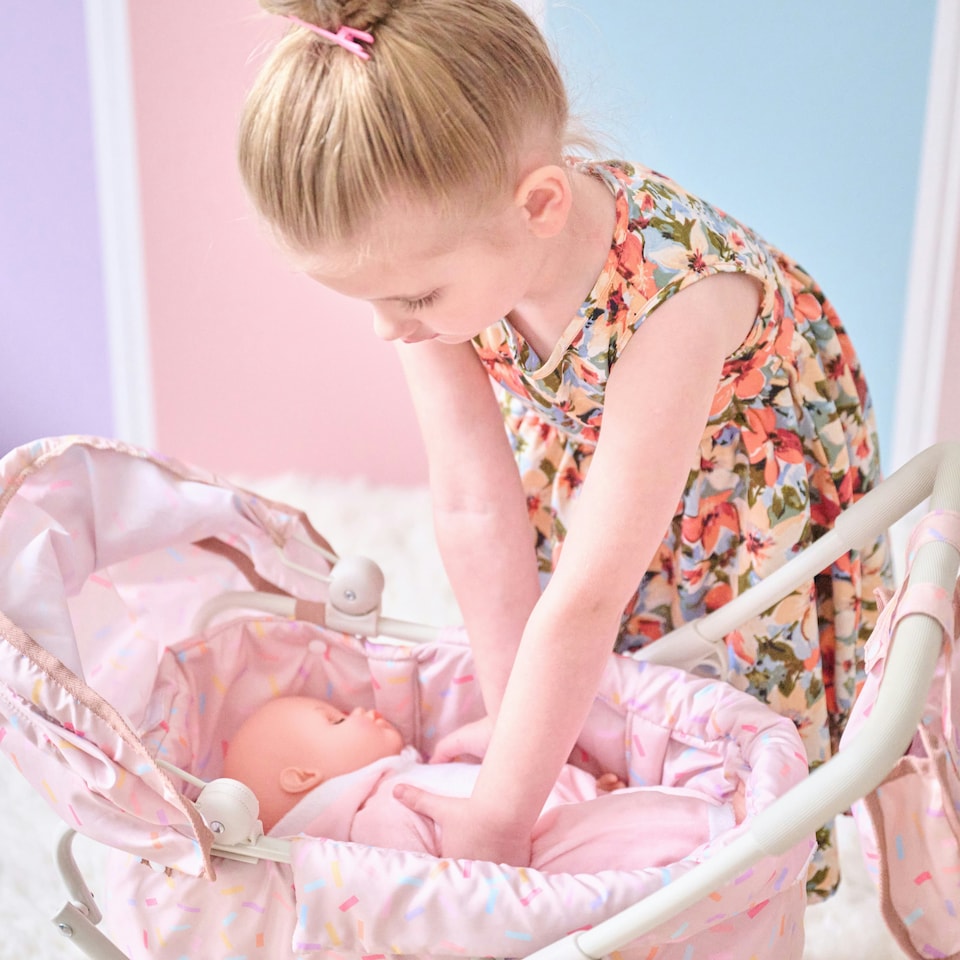 image 1 of Teamson Kids 2-in-1 Classic Doll Stroller in Beige with Removable Bassinet, Adjustable Canopy, Storage Basket & Bag