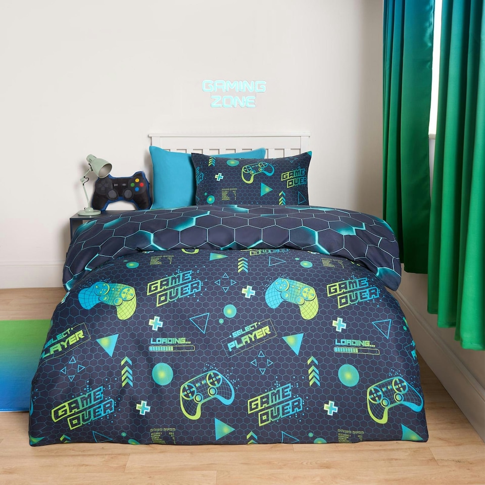 image 1 of OHS Kids Neon Gaming Geo Reverse Duvet Cover and Pillowcase Bedding Set, Double - Green/Blue