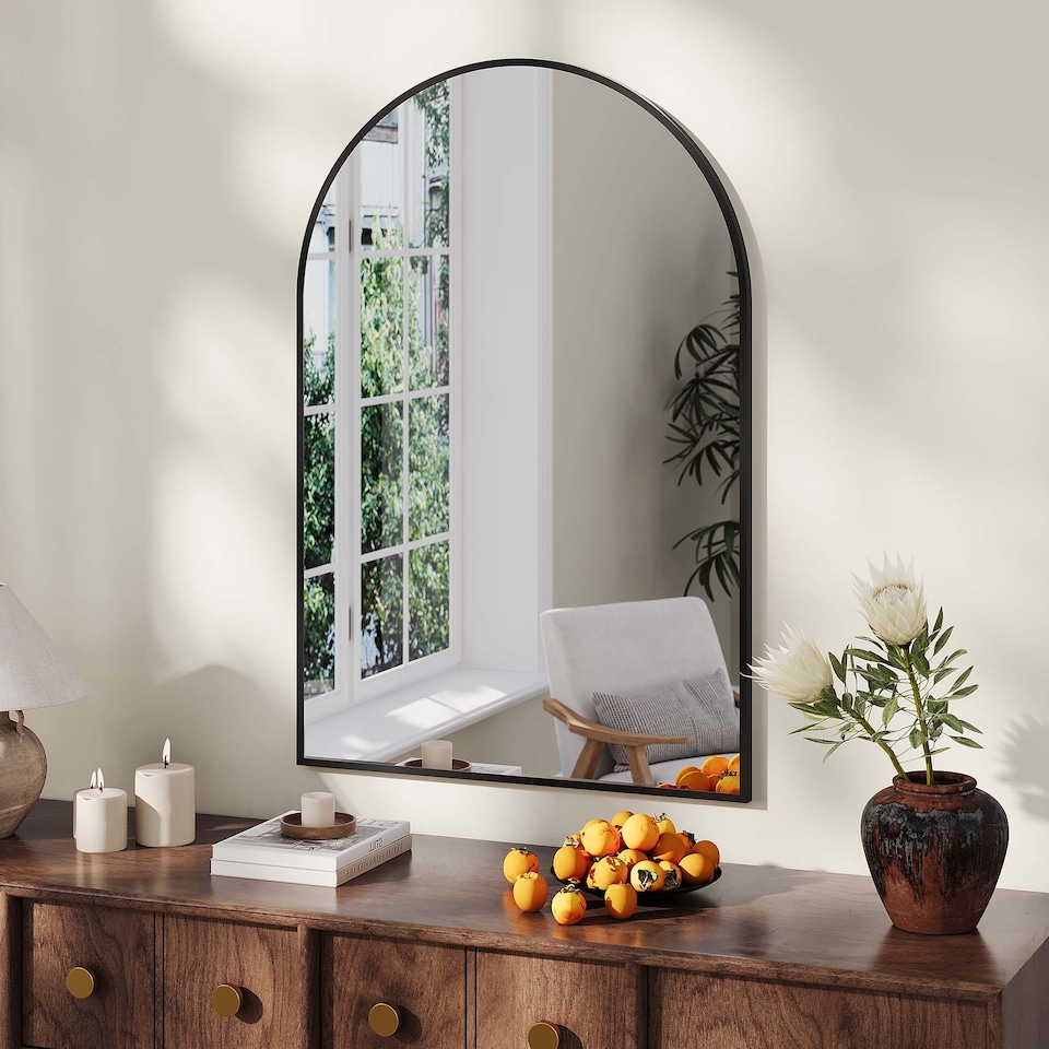 image 1 of London Boutique Black Aluminium Framed Arched Top Wall Mounted Bathroom Vanity Mirror 20 x 30 Inch / 50.8 x 76.2cm 5mm Thick Shatterproof Eco Safety Silver Glass Lens Hemmed Edge Frame Simple Wall Hanging Hardware Included No LED Lights Decorative Wall Mirror For En-suite Bathroom Wash Basin Vanity Hallway Entryway Bedroom Wall Decor Terraced House Small Flat Single Mirror