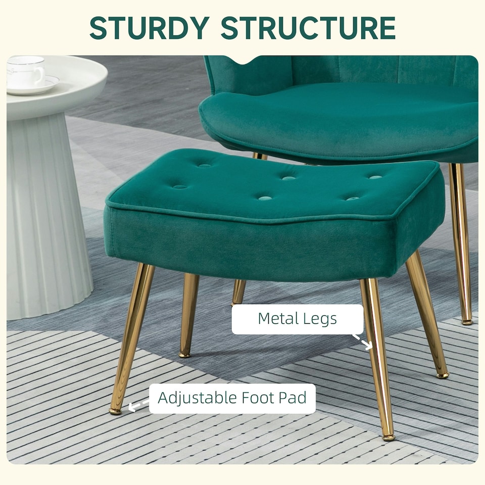 image 1 of HOMCOM Button Tufted Armchair with Footstool and Gold Legs Dark Green